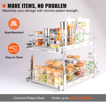 VEVOR 2 Tier 14"W x 21"D Pull Out Cabinet Organizer, Heavy Duty Slide Out Pantry Shelves, Chrome-Plated Steel Roll Out Drawers, Sliding Drawer Storage for Inside Kitchen Cabinet, Bathroom, Under Sink