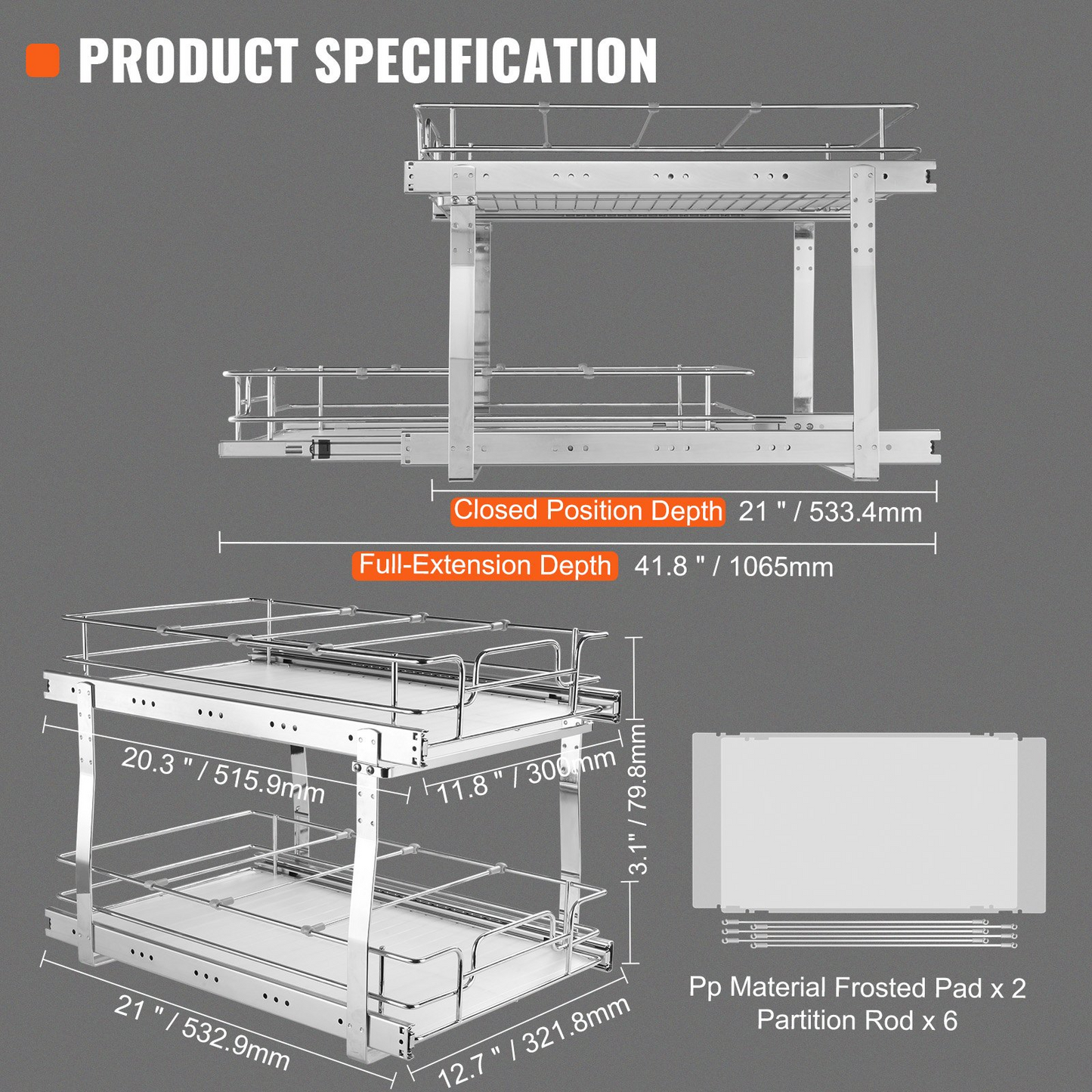 VEVOR 2 Tier 14"W x 21"D Pull Out Cabinet Organizer, Heavy Duty Slide Out Pantry Shelves, Chrome-Plated Steel Roll Out Drawers, Sliding Drawer Storage for Inside Kitchen Cabinet, Bathroom, Under Sink