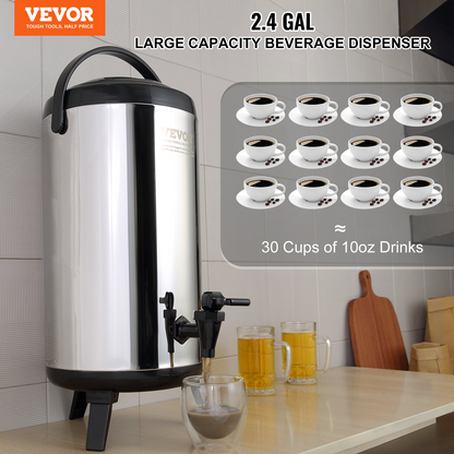 VEVOR Stainless Steel Insulated Beverage Dispenser, 2.4 Gallon 9.2 Liter, Thermal Hot and Cold Drink Server Dispenser with Spigot Handle, Food-grade for Hot Tea Coffee Water Restaurant Drink Shop