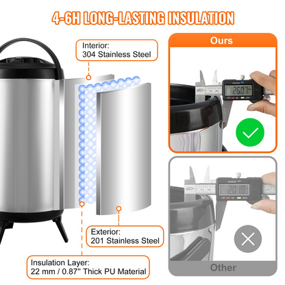 VEVOR Stainless Steel Insulated Beverage Dispenser, 2.4 Gallon 9.2 Liter, Thermal Hot and Cold Drink Server Dispenser with Spigot Handle, Food-grade for Hot Tea Coffee Water Restaurant Drink Shop