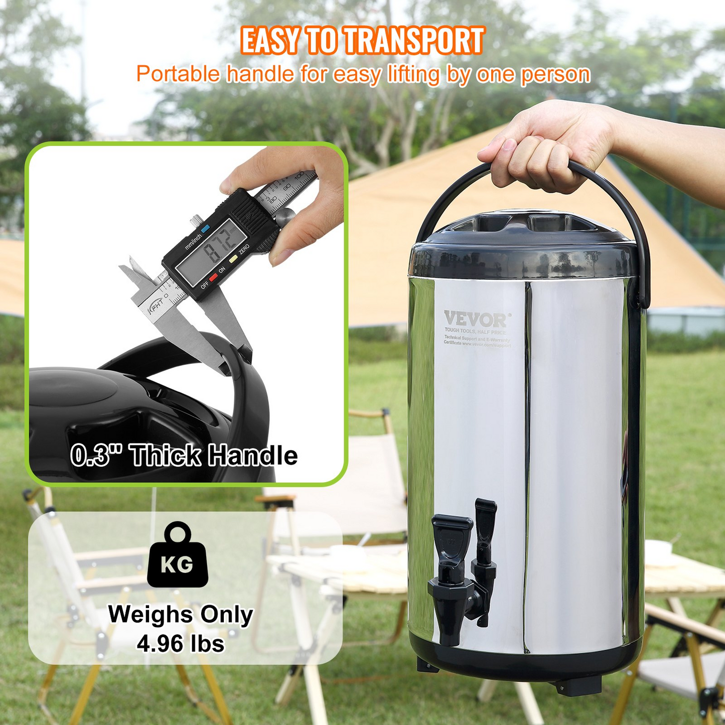 VEVOR Stainless Steel Insulated Beverage Dispenser, 2.4 Gallon 9.2 Liter, Thermal Hot and Cold Drink Server Dispenser with Spigot Handle, Food-grade for Hot Tea Coffee Water Restaurant Drink Shop