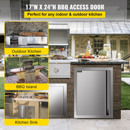 VEVOR BBQ Access Door 17W x 24H Inch, Vertical Single BBQ Door Stainless Steel with Recessed Handle, Outdoor Kitchen Doors for BBQ Island, Grill Station, Outside Cabinet