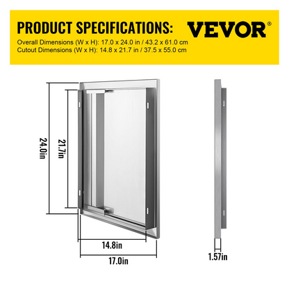 VEVOR BBQ Access Door 17W x 24H Inch, Vertical Single BBQ Door Stainless Steel with Recessed Handle, Outdoor Kitchen Doors for BBQ Island, Grill Station, Outside Cabinet