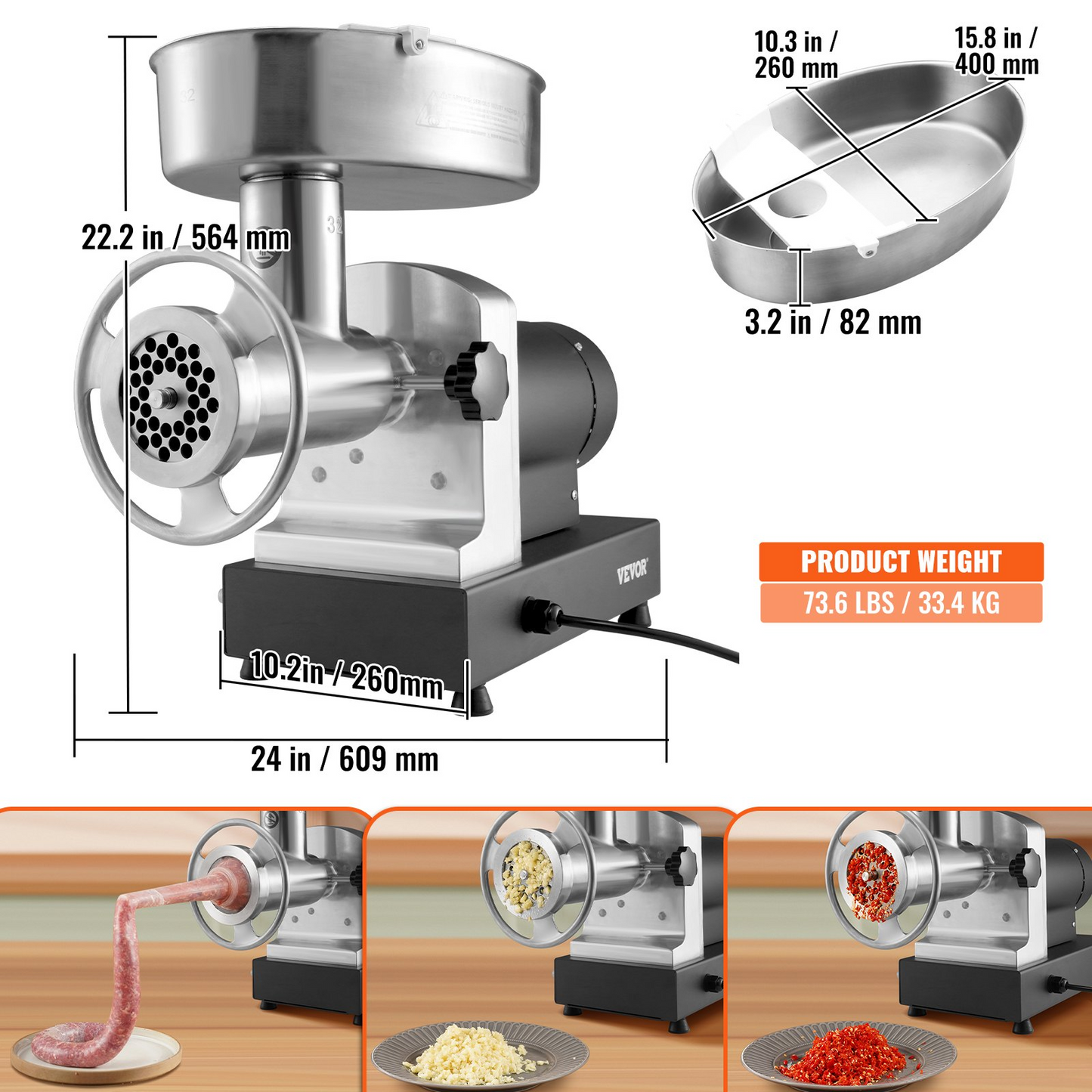 VEVOR Heavy Duty Electric Meat Grinder 992 Lb/H Capacity 1100W Sausage Stuffer