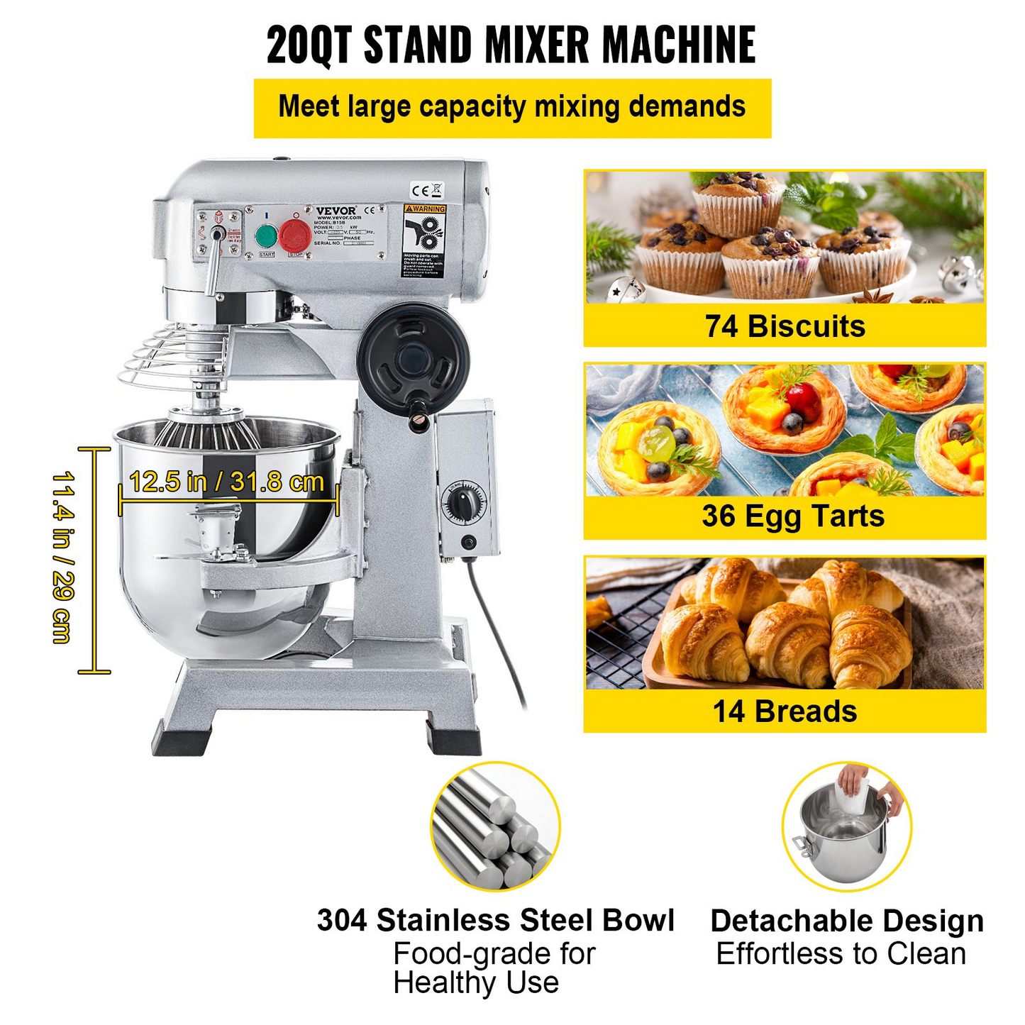 VEVOR Commercial Food Mixer, 20Qt Commercial Mixer with Timing Function, 750W Stainless Steel Bowl Heavy Duty Electric Food Mixer Commercial with 3 Speeds Adjustable 108/199/382 RPM, Dough Hook Whisk Beater Included, Perfect for Bakery Pizzeria