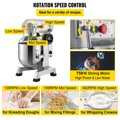 VEVOR Commercial Food Mixer, 20Qt Commercial Mixer with Timing Function, 750W Stainless Steel Bowl Heavy Duty Electric Food Mixer Commercial with 3 Speeds Adjustable 108/199/382 RPM, Dough Hook Whisk Beater Included, Perfect for Bakery Pizzeria