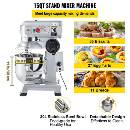 VEVOR Commercial Food Mixer, 15Qt Commercial Mixer with Timing Function, 500W Stainless Steel Bowl Heavy Duty Electric Food Mixer Commercial with 3 Speeds Adjustable 113/184/341 RPM, Dough Hook Whisk Beater Included, Perfect for Bakery Pizzeria