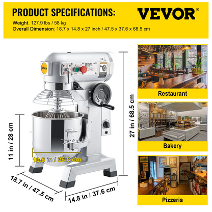 VEVOR Commercial Food Mixer, 15Qt Commercial Mixer with Timing Function, 500W Stainless Steel Bowl Heavy Duty Electric Food Mixer Commercial with 3 Speeds Adjustable 113/184/341 RPM, Dough Hook Whisk Beater Included, Perfect for Bakery Pizzeria