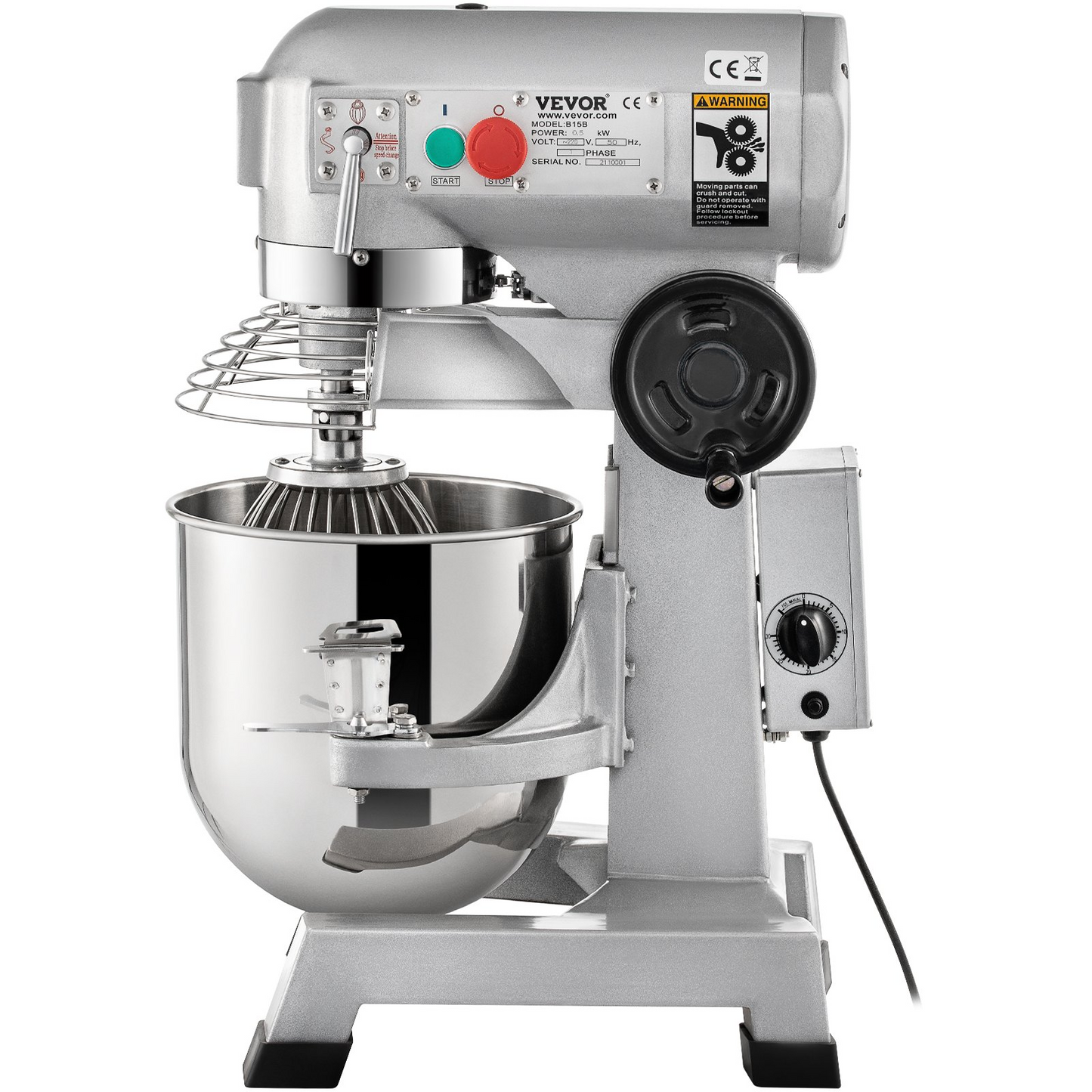 VEVOR Commercial Food Mixer, 15Qt Commercial Mixer with Timing Function, 500W Stainless Steel Bowl Heavy Duty Electric Food Mixer Commercial with 3 Speeds Adjustable 113/184/341 RPM, Dough Hook Whisk Beater Included, Perfect for Bakery Pizzeria