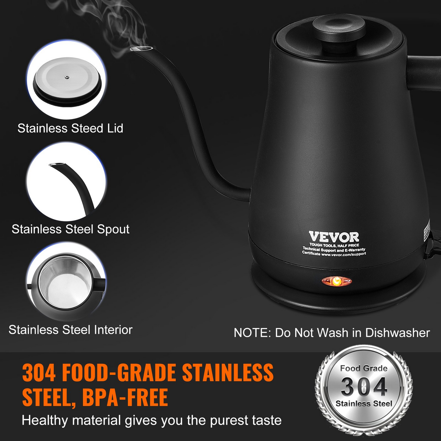 VEVOR 1L Electric Gooseneck Kettle, 1200W Fast Heating Gooseneck Pour Over Coffee Tea Kettle, 304 Food Grade Stainless Steel Hot Water Boiler Heater with Boil-Dry Protection, Auto Shut-off