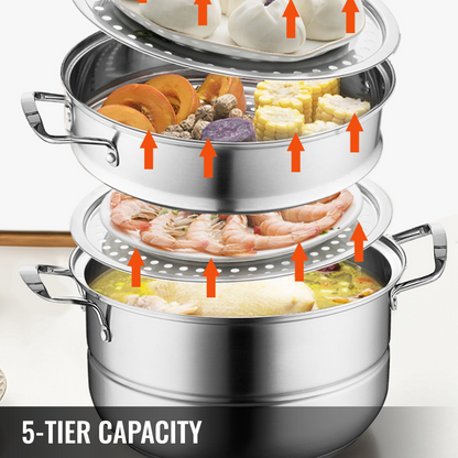 VEVOR Dumpling Steamer Stainless Steel 5 Titer for for Cook Soup, Noodles, Fishes Work with Gas Electric Grill Stove Top, Dia 30cm/11.8inch, Pot