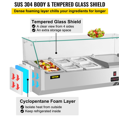 VEVOR Refrigerated Condiment Prep Station, 40-Inch, 7.8Qt Sandwich Prep Table w/ 1 1/3 Pan & 4 1/6 Pans, 150W Salad Bar w/ 304 Stainless Body Tempered Glass Shield Digital Temp Display Auto Defrost