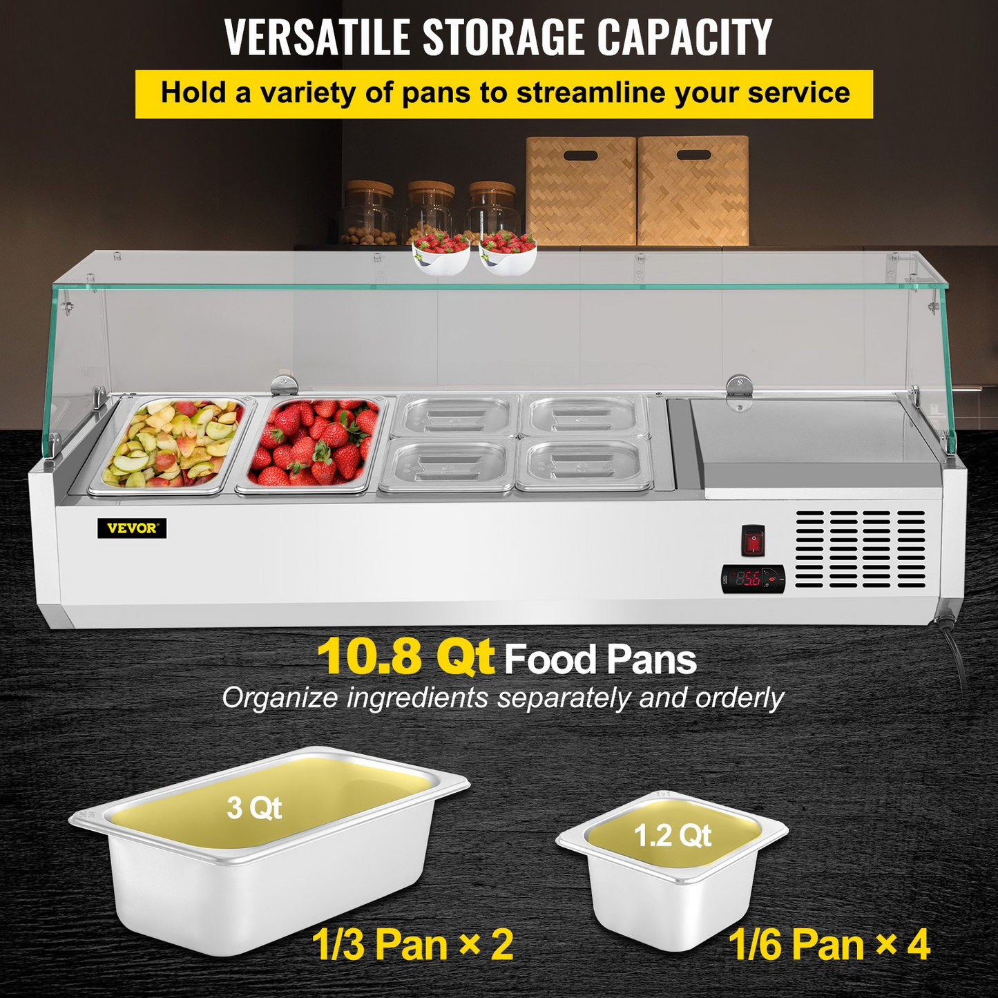 VEVOR Refrigerated Condiment Prep Station, 48-Inch, 10.8Qt Sandwich Prep Table w/ 2 1/3 Pans & 4 1/6 Pans, 146W Salad Bar w/ 304 Stainless Body Tempered Glass Shield Digital Temp Display Auto Defrost