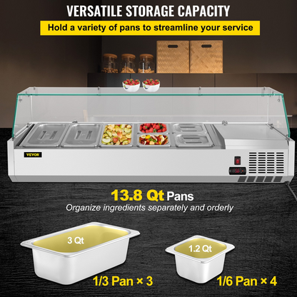 VEVOR Refrigerated Condiment Prep Station, 55-Inch, 13.8Qt Sandwich Prep Table w/ 3 1/3 Pans & 4 1/6 Pans, 150W Salad Bar w/ 304 Stainless Body Tempered Glass Shield Digital Temp Display Auto Defrost