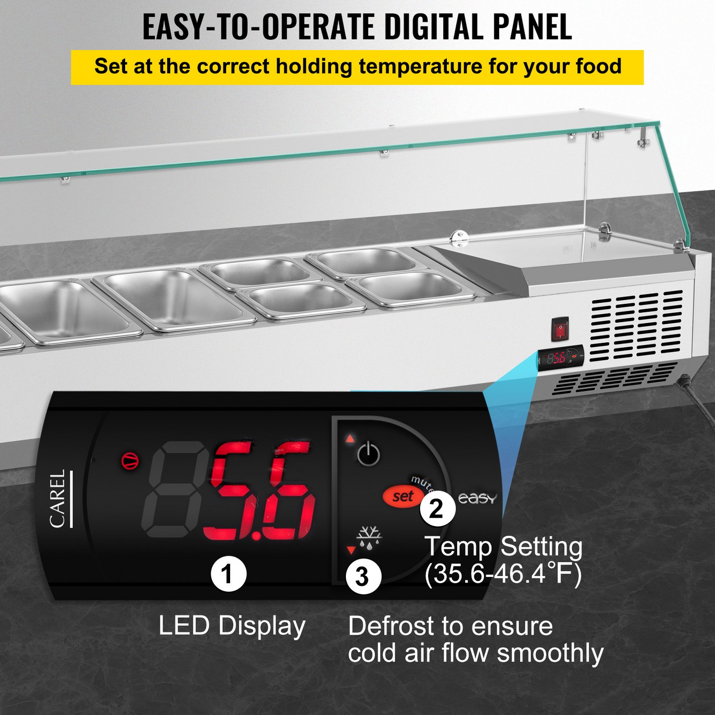 VEVOR Refrigerated Condiment Prep Station, 55-Inch, 13.8Qt Sandwich Prep Table w/ 3 1/3 Pans & 4 1/6 Pans, 150W Salad Bar w/ 304 Stainless Body Tempered Glass Shield Digital Temp Display Auto Defrost