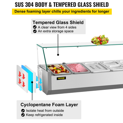 VEVOR Refrigerated Condiment Prep Station, 55-Inch, 13.8Qt Sandwich Prep Table w/ 3 1/3 Pans & 4 1/6 Pans, 150W Salad Bar w/ 304 Stainless Body Tempered Glass Shield Digital Temp Display Auto Defrost