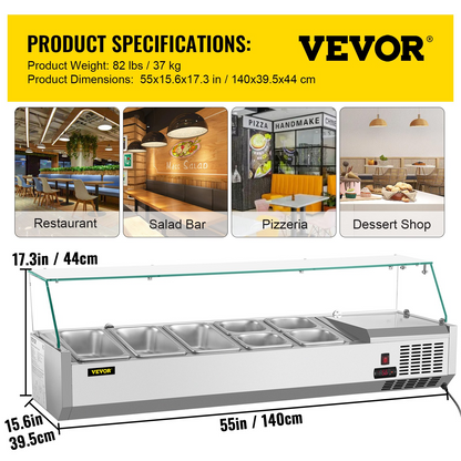 VEVOR Refrigerated Condiment Prep Station, 55-Inch, 13.8Qt Sandwich Prep Table w/ 3 1/3 Pans & 4 1/6 Pans, 150W Salad Bar w/ 304 Stainless Body Tempered Glass Shield Digital Temp Display Auto Defrost