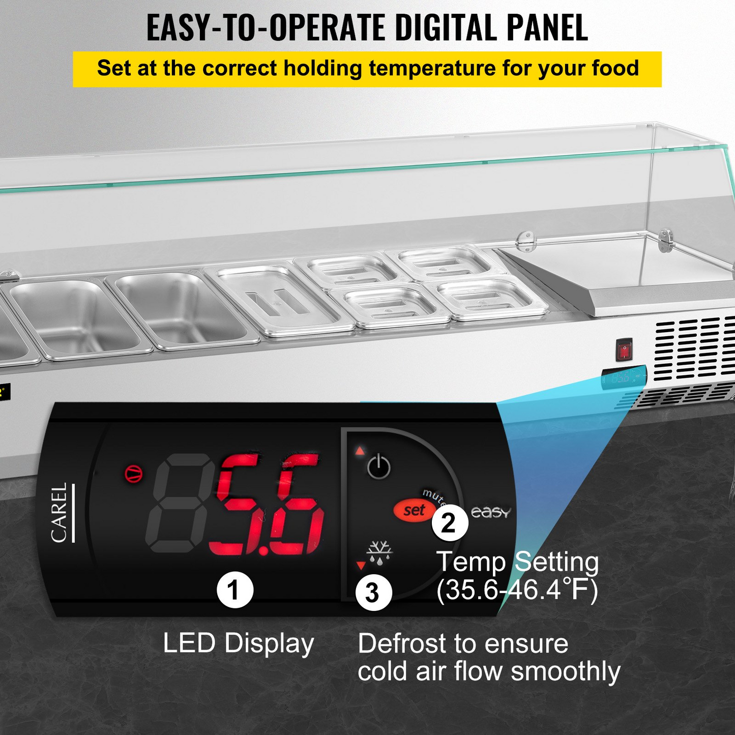 VEVOR Refrigerated Condiment Prep Station, 60-Inch, 16.8Qt Sandwich Prep Table w/ 4 1/3 Pans & 4 1/6 Pans, 146W Salad Bar w/ 304 Stainless Body Tempered Glass Shield Digital Temp Display Auto Defrost