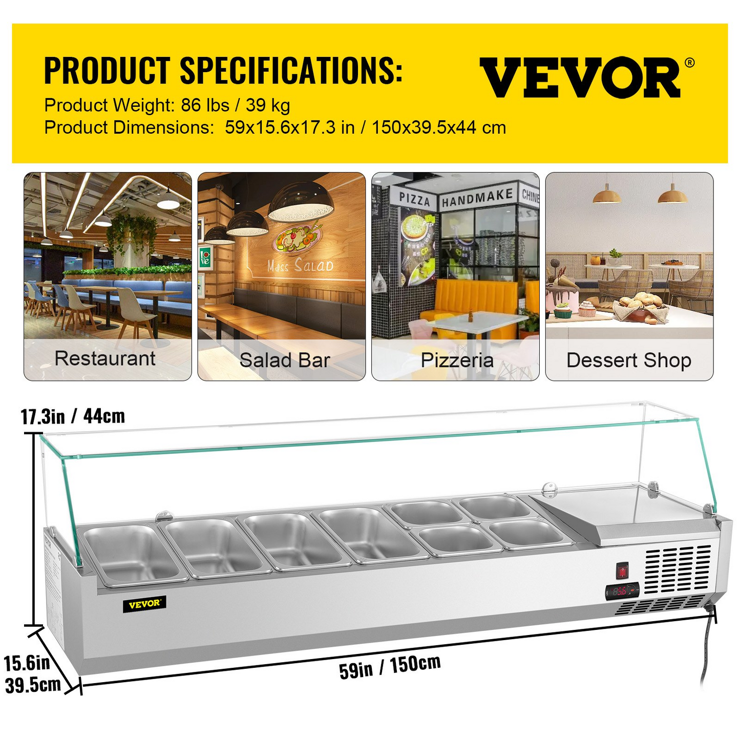 VEVOR Refrigerated Condiment Prep Station, 60-Inch, 16.8Qt Sandwich Prep Table w/ 4 1/3 Pans & 4 1/6 Pans, 146W Salad Bar w/ 304 Stainless Body Tempered Glass Shield Digital Temp Display Auto Defrost