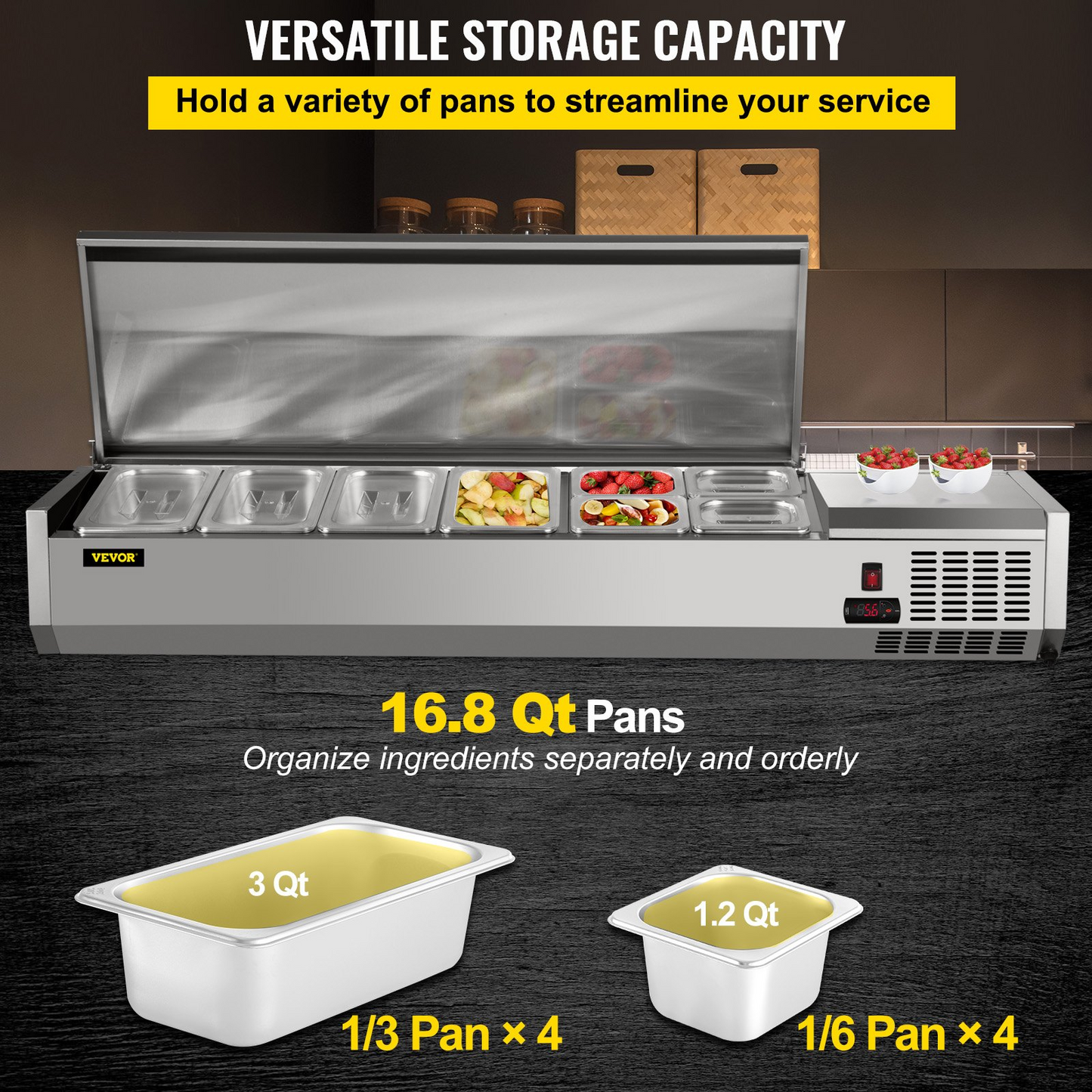 VEVOR Refrigerated Condiment Prep Station, 60-Inch, 16.8Qt Sandwich/Salad Prep Table with 4 1/3 Pans & 4 1/6 Pans, 150W Salad Bar with 304 Stainless Body and Cover Temp Adjuster One-Click Defrosting