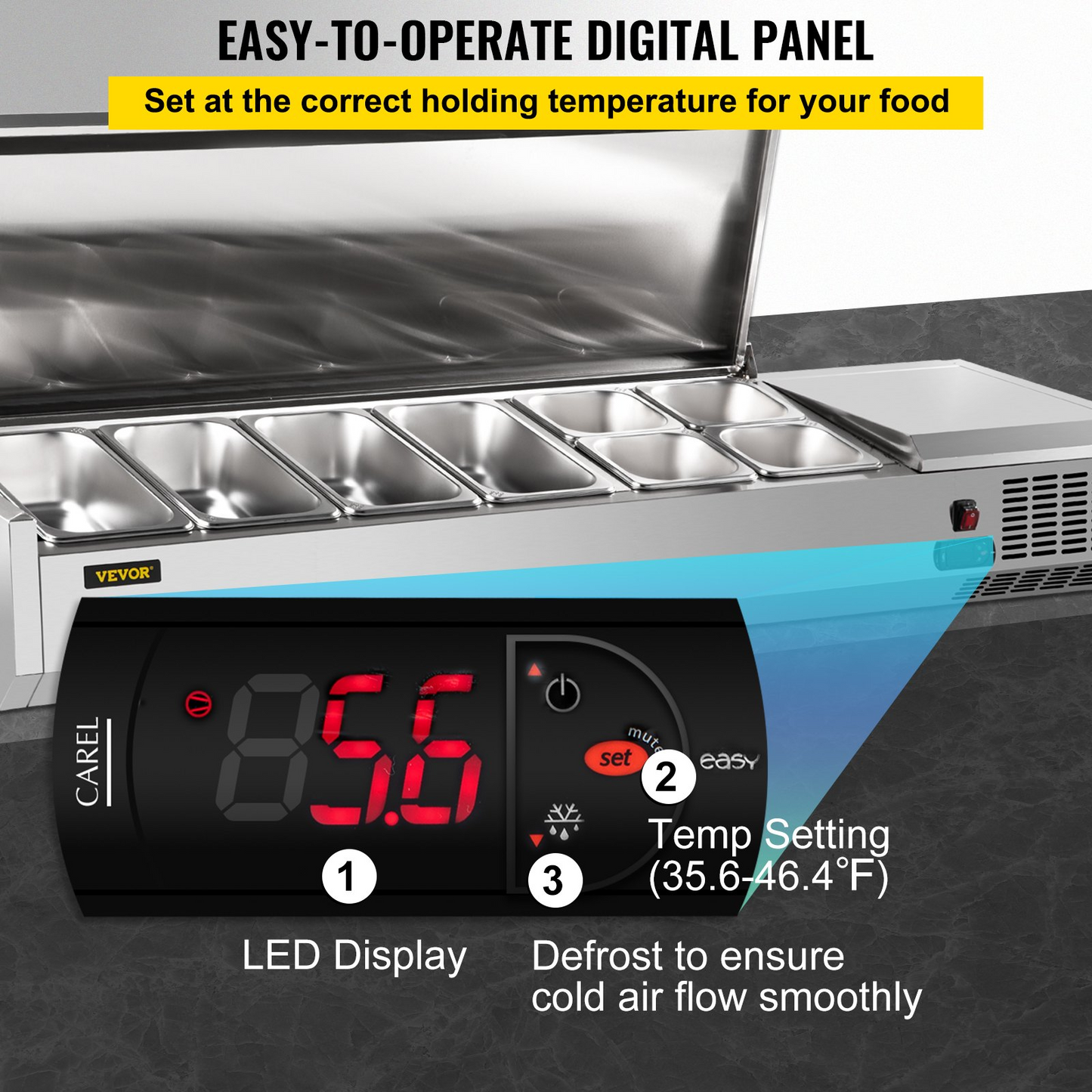 VEVOR Refrigerated Condiment Prep Station, 60-Inch, 16.8Qt Sandwich/Salad Prep Table with 4 1/3 Pans & 4 1/6 Pans, 150W Salad Bar with 304 Stainless Body and Cover Temp Adjuster One-Click Defrosting