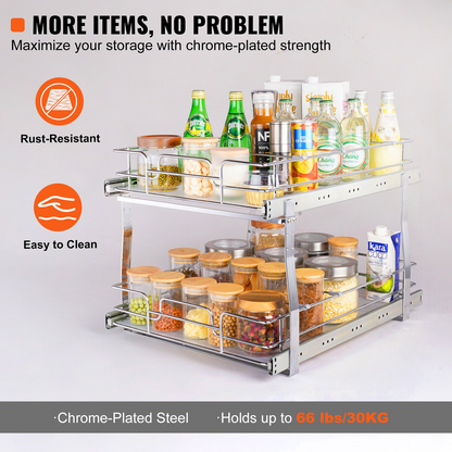 VEVOR 2 Tier 17"W x 21"D Pull Out Cabinet Organizer, Heavy Duty Slide Out Pantry Shelves, Chrome-Plated Steel Roll Out Drawers, Sliding Drawer Storage for Inside Kitchen Cabinet, Bathroom, Under Sink