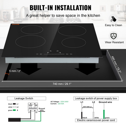 VEVOR Built in Electric Stove Top, 23.2 x 20.5 inch 4 Burners, 240V Glass Radiant Cooktop with Sensor Touch Control, Timer & Child Lock Included, 9 Power Levels for Simmer Steam Slow Cook Fry