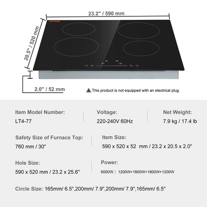 VEVOR Built in Electric Stove Top, 23.2 x 20.5 inch 4 Burners, 240V Glass Radiant Cooktop with Sensor Touch Control, Timer & Child Lock Included, 9 Power Levels for Simmer Steam Slow Cook Fry