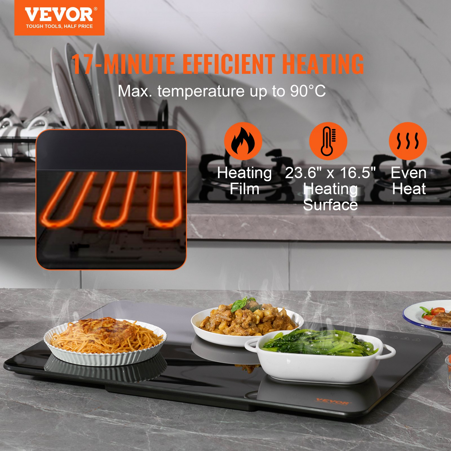 VEVOR Electric Warming Tray, 16.5" x 23.6" Portable Tempered Glass Heating Tray with Temperature Control (65-90℃), Perfect for Dinner, Catering, House, Parties, Events, Entertaining and Holiday, Black