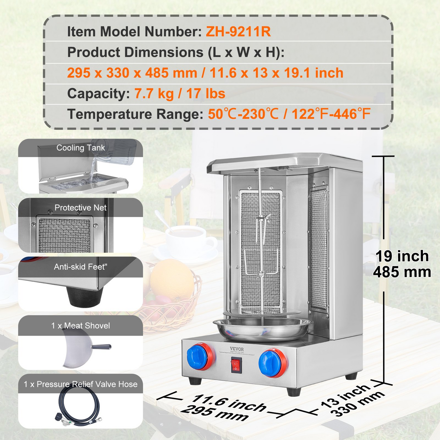 VEVOR Shawarma Grill Machine, 13 lbs Capacity, Chicken Shawarma Cooker Machine with 2 Burners, Gas Vertical Broiler Gyro Rotisserie Oven Doner Kebab Machine, for Home Restaurant Kitchen Parties