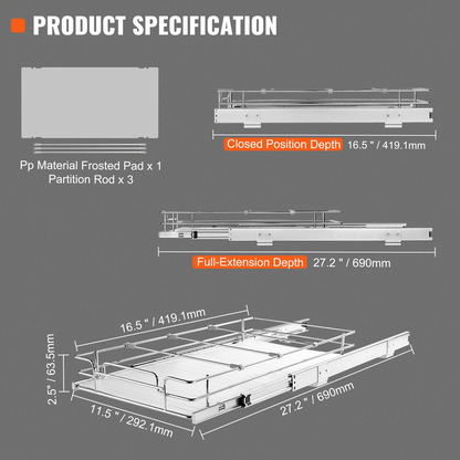 VEVOR 12"W x 17"D Pull Out Cabinet Organizer, Heavy Duty Slide Out Pantry Shelves, Chrome-Plated Steel Roll Out Drawers, Sliding Drawer Storage for Home, Inside Kitchen Cabinet, Bathroom, Under Sink