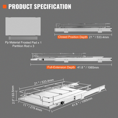 VEVOR 11"W x 21"D Pull Out Cabinet Organizer, Heavy Duty Slide Out Pantry Shelves, Chrome-Plated Steel Roll Out Drawers, Sliding Drawer Storage for Home, Inside Kitchen Cabinet, Bathroom, Under Sink