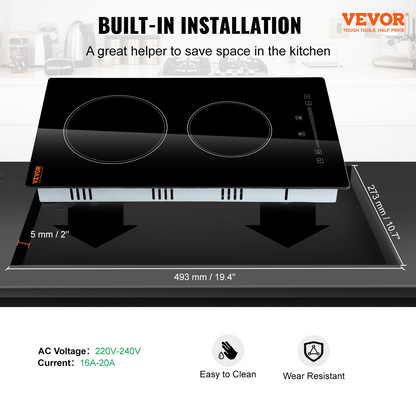 VEVOR Built in Electric Stove Top, 20 x 11.6 inch 2 Burners, 240V Glass Radiant Cooktop with Sensor Touch Control, Timer & Child Lock Included, 9 Power Levels for Simmer Steam Slow Cook Fry