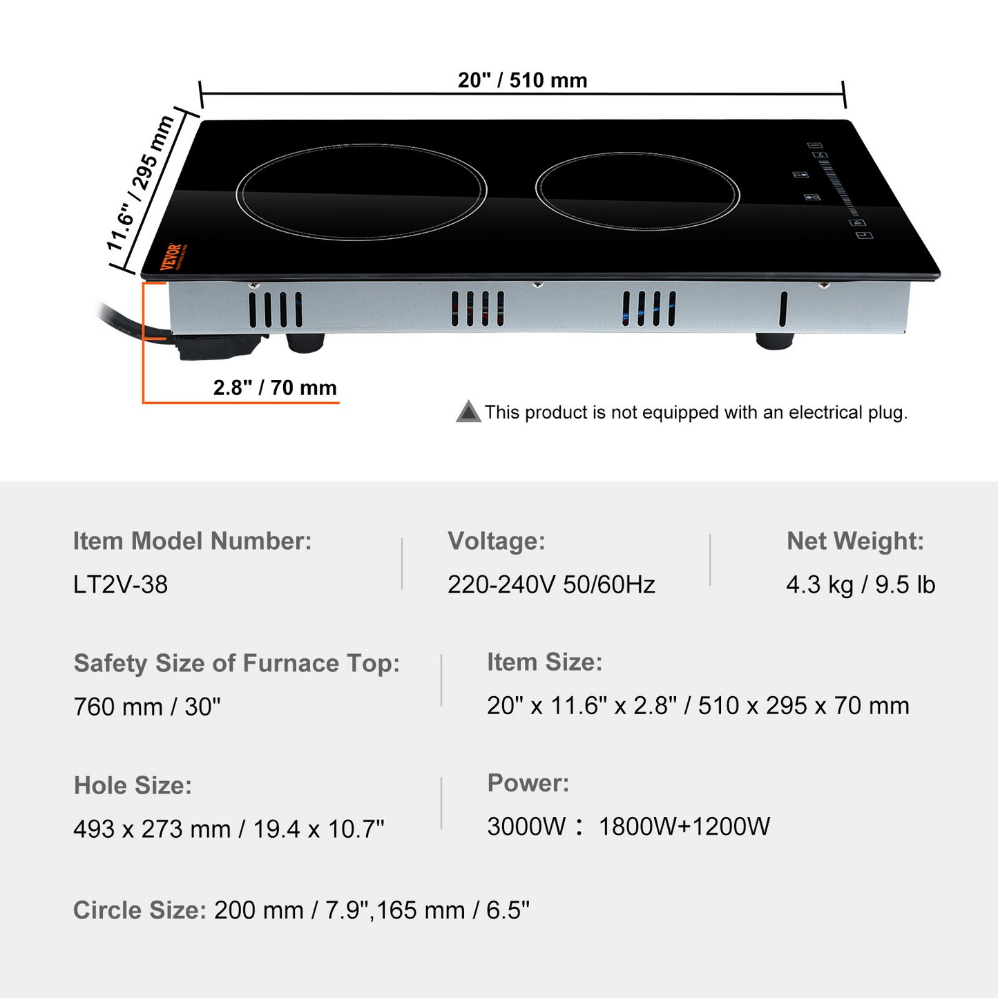 VEVOR Built in Electric Stove Top, 20 x 11.6 inch 2 Burners, 240V Glass Radiant Cooktop with Sensor Touch Control, Timer & Child Lock Included, 9 Power Levels for Simmer Steam Slow Cook Fry