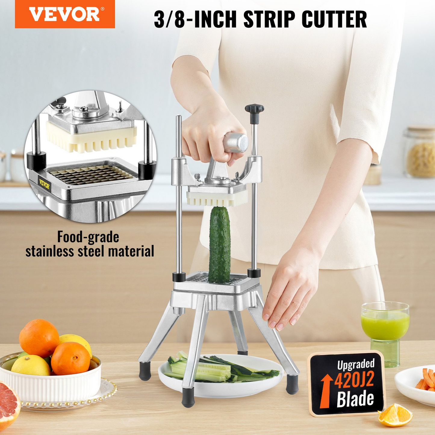 VEVOR Commercial Vegetable Fruit Chopper 3/8″ Blade Heavy Duty Professional Food Dicer Kattex French Fry Cutter Onion Slicer Stainless Steel for Tomato Peppers Potato Mushroom, Sliver