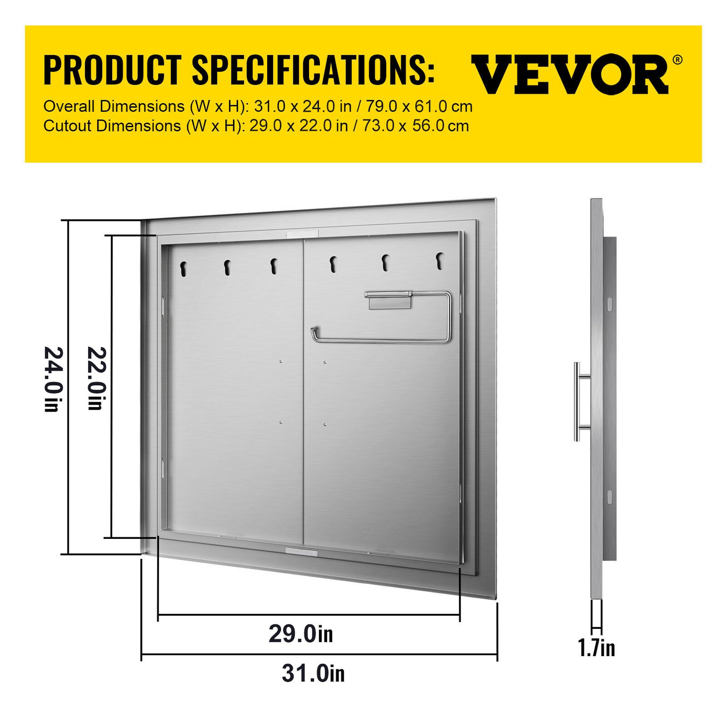 VEVOR 31 Inch BBQ Access Door 304 Stainless Steel BBQ Island 31W x 31H Inchs Double Door with Paper Towel Holder for Outdoor Kitchen