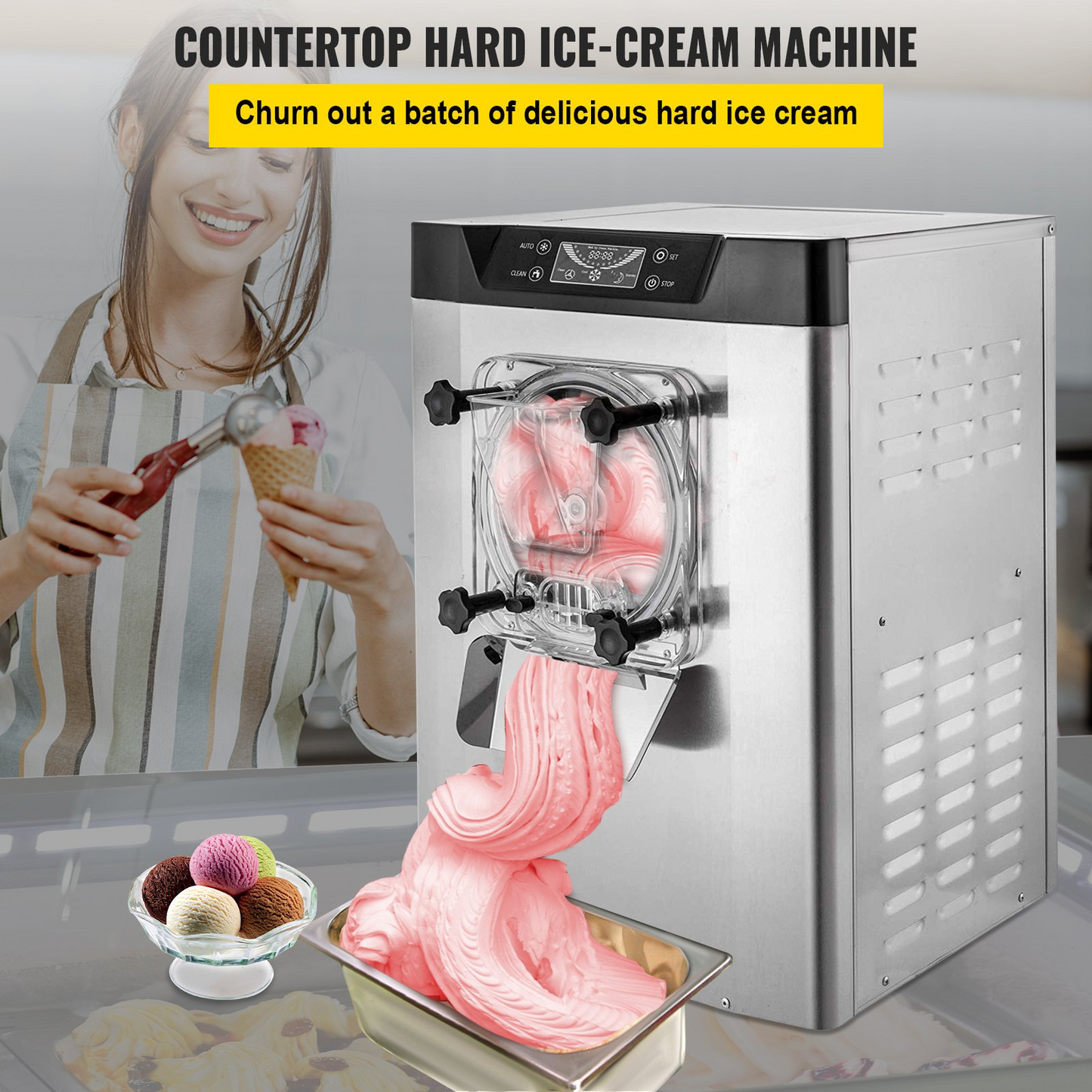 VEVOR Commercial Ice Cream Machine 1400W 20/5.3 Gph Hard Serve Ice Cream Maker with LED Display Screen Auto Shut-Off Timer One Flavors Perfect for Restaurants Snack bar Supermarkets