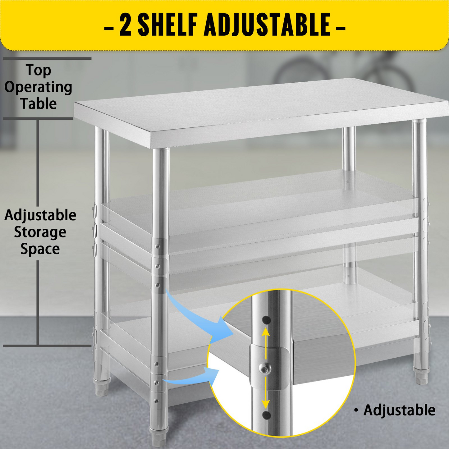 VEVOR Outdoor Food Prep Table, 36x18x34 inch Commercial Stainless Steel Table, 2 Adjustable Undershelf BBQ Prep Table, Heavy Duty Kitchen Work Table, for Garage, Home, Warehouse, and Kitchen Silver