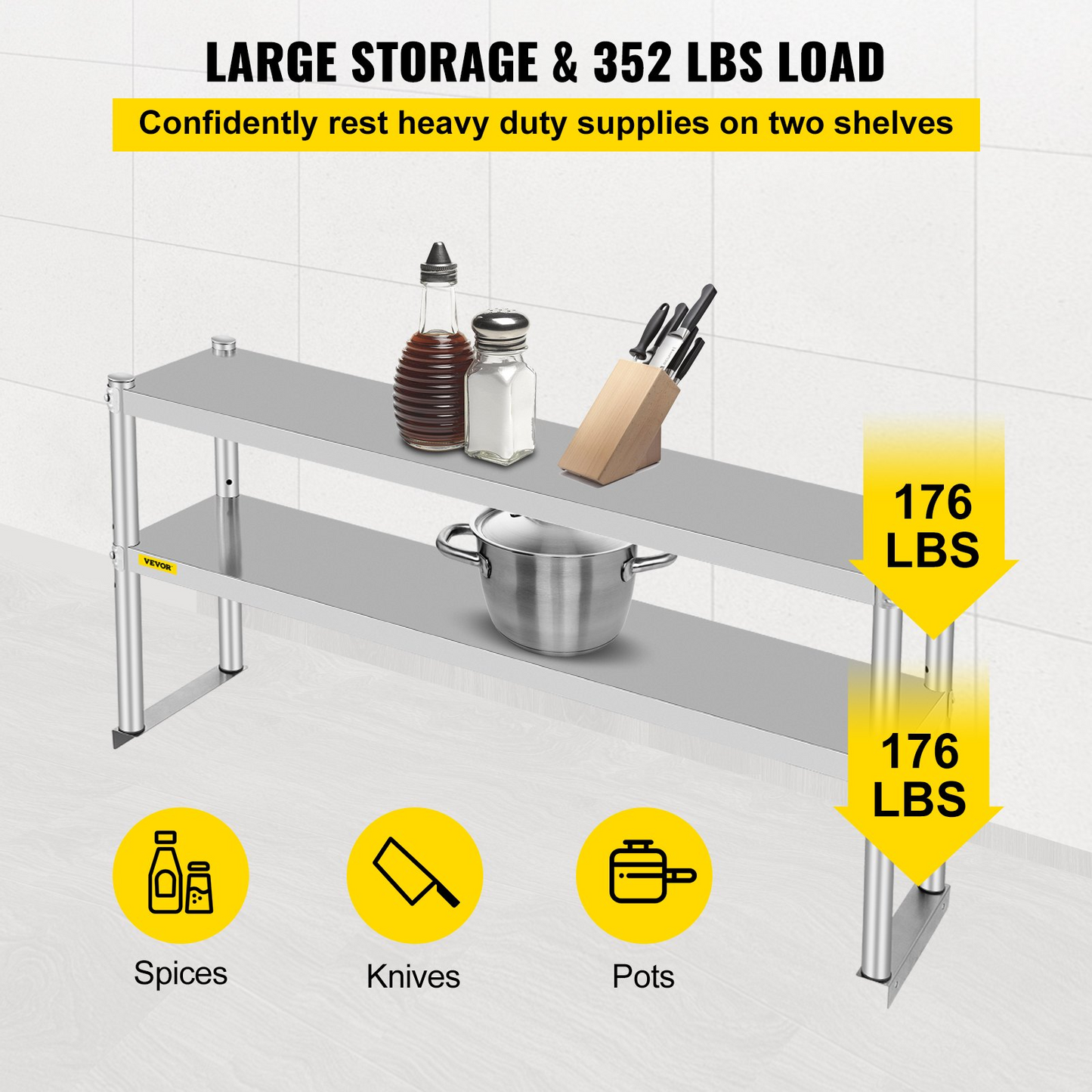 VEVOR Double Overshelf, Double Tier Stainless Steel Overshelf, 48 x 12 x 24 in Double Deck Overshelf, Height Adjustable Overshelf for Prep & Work Table in Kitchen, Restaurant