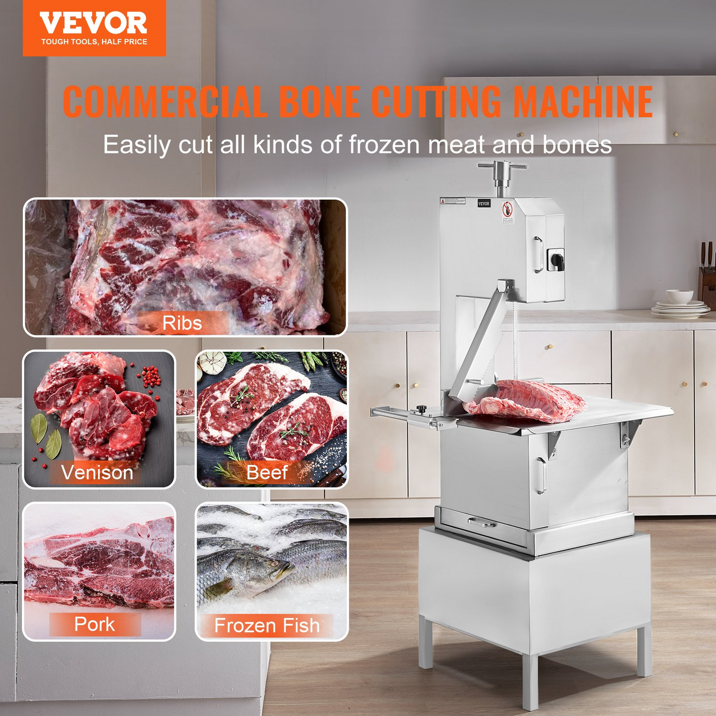 VEVOR Commercial Electric Meat Bandsaw, 2200W Stainless Steel Vertical Bone Sawing Machine, Workbeach 24.4" x 20.5", 0.16-8.7 Inch Cutting Thickness, Frozen Meat Cutter with 6 Blades for Rib Pork Beef