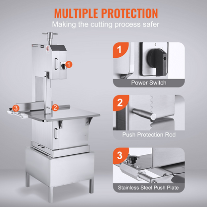 VEVOR Commercial Electric Meat Bandsaw, 2200W Stainless Steel Vertical Bone Sawing Machine, Workbeach 24.4" x 20.5", 0.16-8.7 Inch Cutting Thickness, Frozen Meat Cutter with 6 Blades for Rib Pork Beef