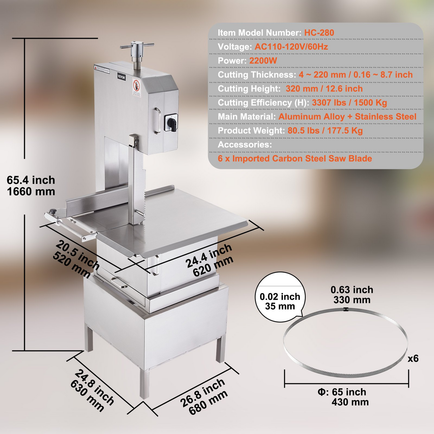 VEVOR Commercial Electric Meat Bandsaw, 2200W Stainless Steel Vertical Bone Sawing Machine, Workbeach 24.4" x 20.5", 0.16-8.7 Inch Cutting Thickness, Frozen Meat Cutter with 6 Blades for Rib Pork Beef