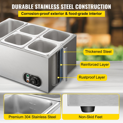 VEVOR 110V Commercial Food Warmer 1x1/3GN and 4x1/6GN, 5-Pan Stainless Steel Bain Marie 13.7 Quart Capacity,1500W Steam Table 15cm/6inch Deep, Electric Food Warmer with Lid for Catering Restaurants