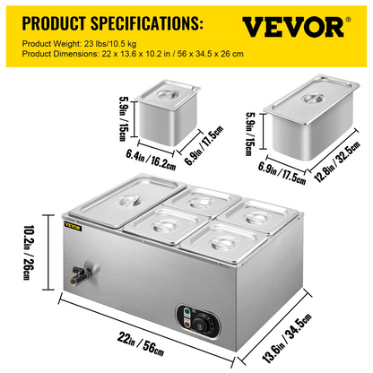 VEVOR 110V Commercial Food Warmer 1x1/3GN and 4x1/6GN, 5-Pan Stainless Steel Bain Marie 13.7 Quart Capacity,1500W Steam Table 15cm/6inch Deep, Electric Food Warmer with Lid for Catering Restaurants