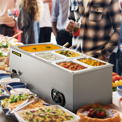 VEVOR 110V Commercial Food Warmer 1x1/3GN and 4x1/6GN, 5-Pan Stainless Steel Bain Marie 13.7 Quart Capacity,1500W Steam Table 15cm/6inch Deep, Electric Food Warmer with Lid for Catering Restaurants