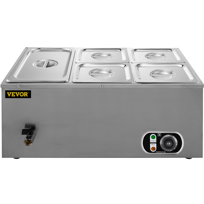 VEVOR 110V Commercial Food Warmer 1x1/3GN and 4x1/6GN, 5-Pan Stainless Steel Bain Marie 13.7 Quart Capacity,1500W Steam Table 15cm/6inch Deep, Electric Food Warmer with Lid for Catering Restaurants