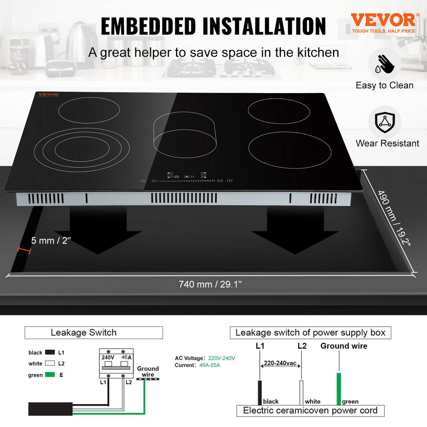 VEVOR Built in Electric Stove Top, 30.3 x 20.5 inch 5 Burners, 240V Glass Radiant Cooktop with Sensor Touch Control, Timer & Child Lock Included, 9 Power Levels for Simmer Steam Slow Cook Fry