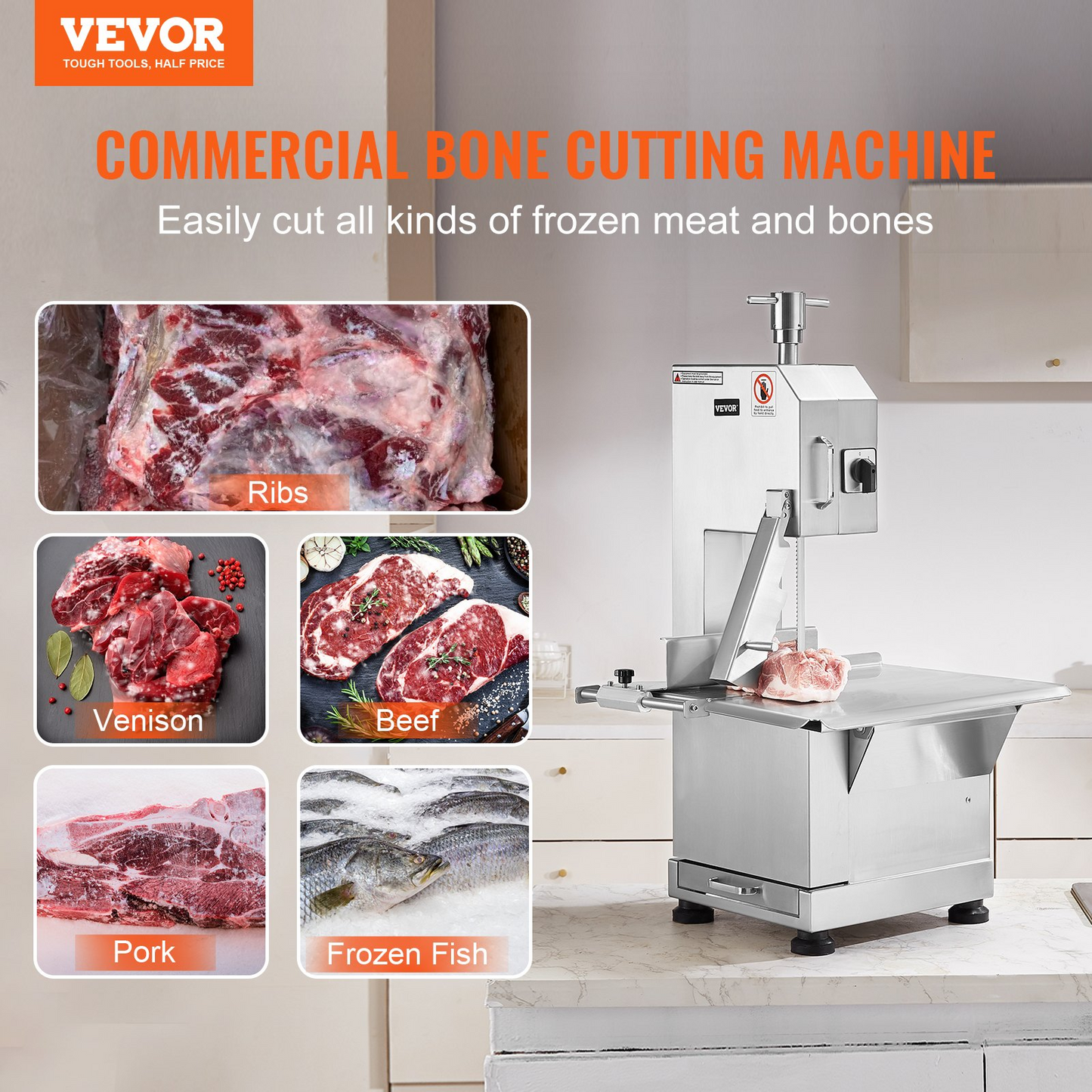 VEVOR Commercial Electric Meat Bandsaw, 2200W Stainless Steel Countertop Bone Sawing Machine, Workbeach 18.5" x 20.9", 0-7.1 Inch Cutting Thickness, Frozen Meat Cutter with 6 Blades for Rib Pork Beef