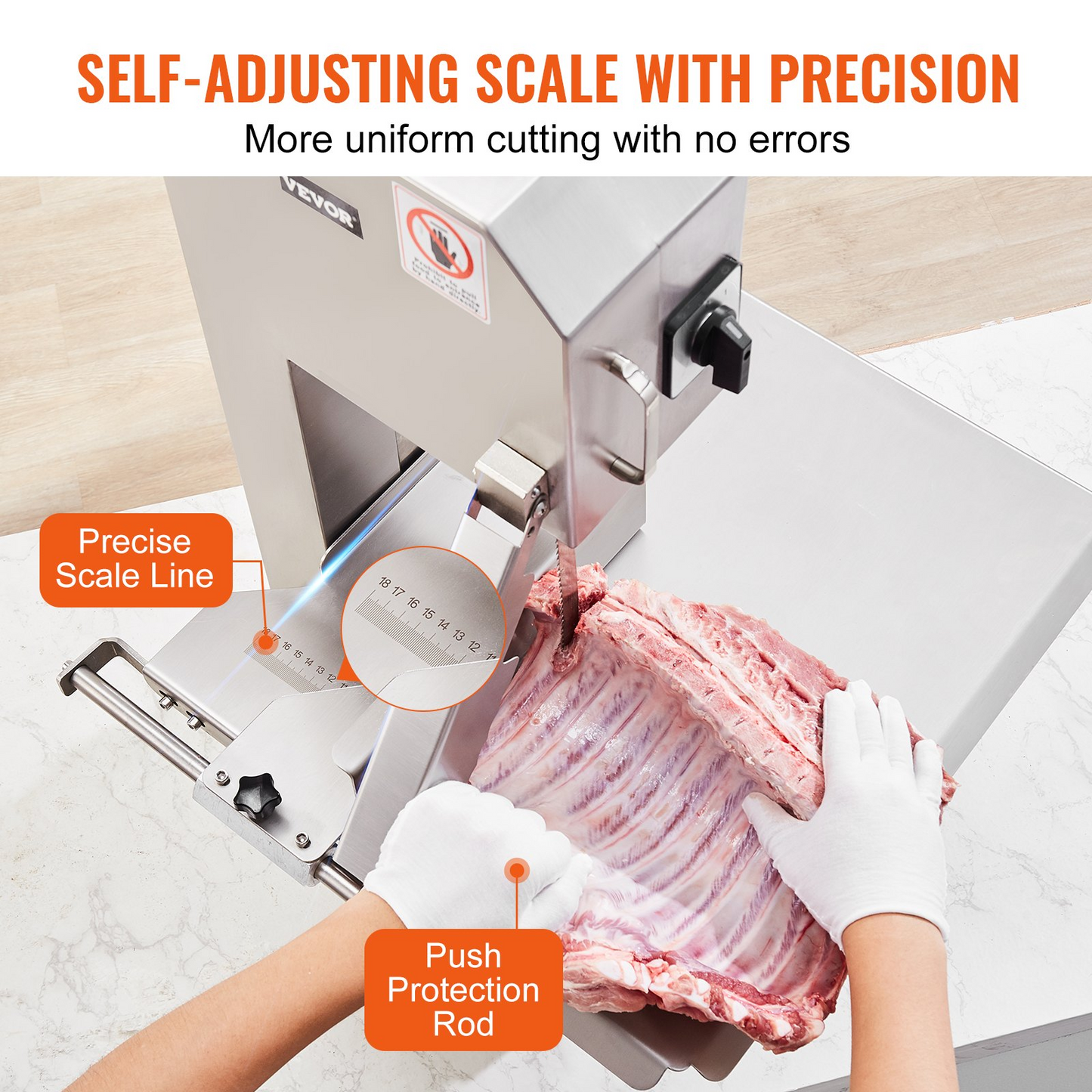 VEVOR Commercial Electric Meat Bandsaw, 2200W Stainless Steel Countertop Bone Sawing Machine, Workbeach 18.5" x 20.9", 0-7.1 Inch Cutting Thickness, Frozen Meat Cutter with 6 Blades for Rib Pork Beef