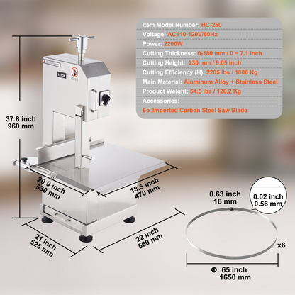 VEVOR Commercial Electric Meat Bandsaw, 2200W Stainless Steel Countertop Bone Sawing Machine, Workbeach 18.5" x 20.9", 0-7.1 Inch Cutting Thickness, Frozen Meat Cutter with 6 Blades for Rib Pork Beef